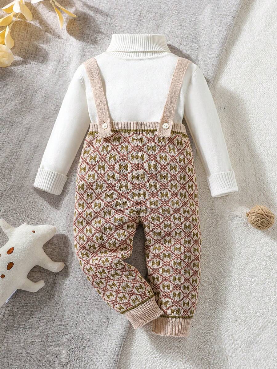 Baby Boys Cute & Warm Style With Jacquard Floral Pattern Suspender Pants - Multicolor - View 1