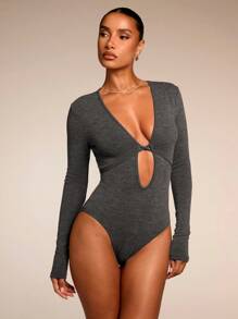SHEIN BAE Body de mujer de unicolor con cuello en V profundo y calado