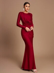 SHEIN Belle Elegant, Romantic, Dignified, Round Neck, Swing Neck, Long Sleeves, Fishtail Shape, Stretch Fabric, Birthday Party, Bridesmaid Dress