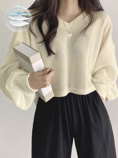 DAZY 女式纯色 V 领落肩长袖 T 恤，秋季服装短款女式上衣