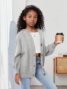 SHEIN Tween Girl Oversized Hooded Lange Mouw Casual Gebreide Cardigan