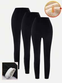 SHEIN 3pcs/Pack Teen Boys Minimalist Solid Color Thermal Lined Long Underwear Pants - Black - View 1