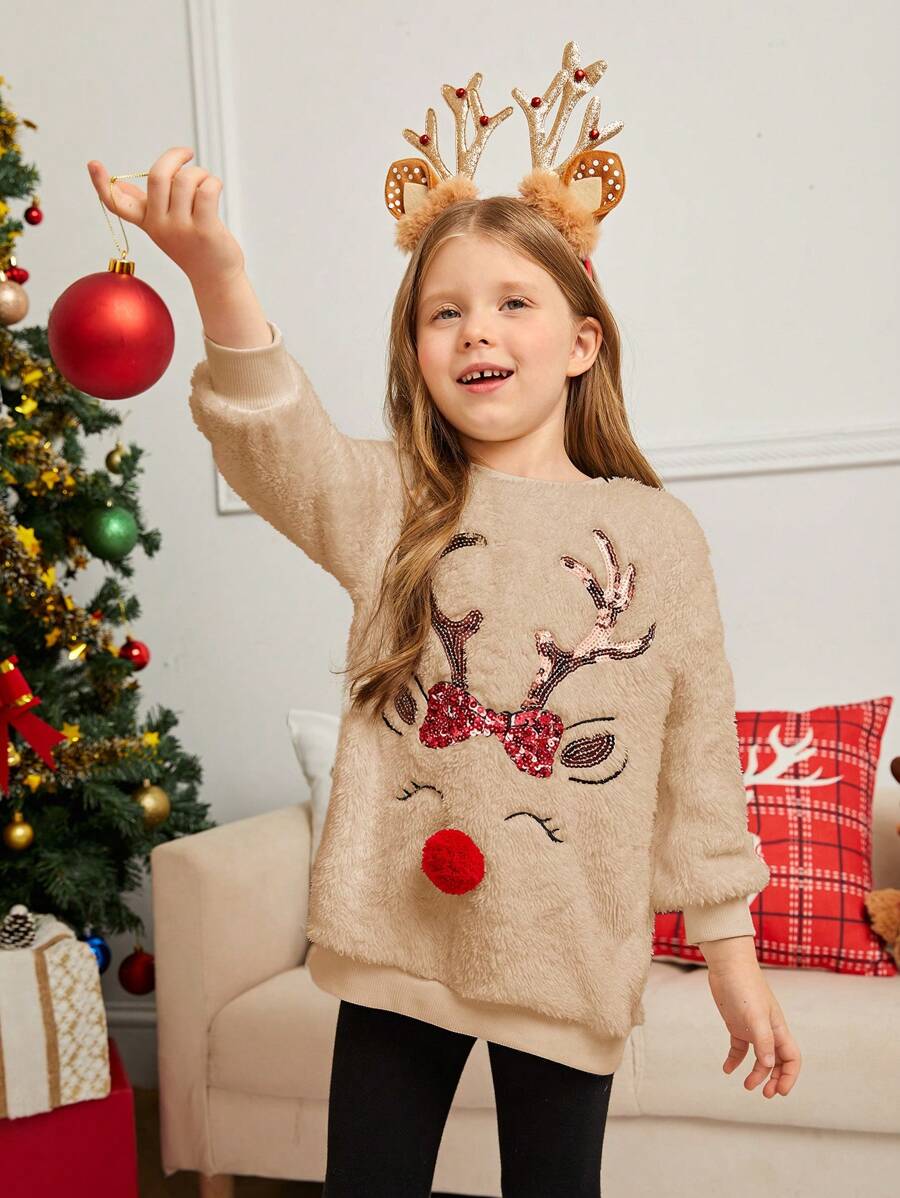 SHEIN Young Girl Knit Solid Color Fluffy Deer Pattern Loose Fit Crew Neck Casual Sweatshirt, For Christmas,In Fall/Winter - Apricot - View 1