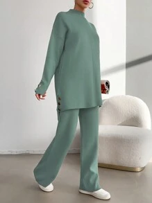 EURMUSE 2pcs/Set Women Plain Stand Collar Long Sleeve Top & Full Length Pants - Mint Green - View 5