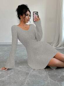 Chiquease Women V-Neck Long Sleeve Solid Color Casual Short Sweater Dress