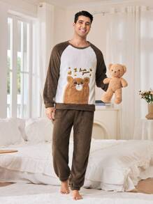 2pcs Plush Bear Couple Sleepwear Set For Men - Multicolor - View 4