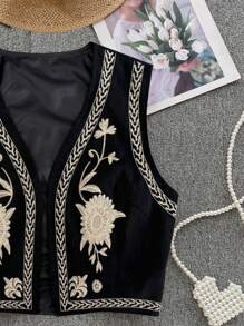 Breezaya Chaqueta sin mangas estilo vintage bordada para mujer