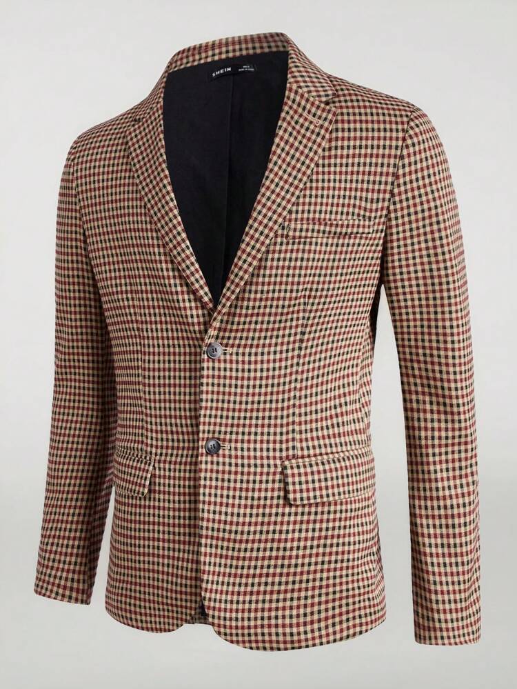 Men Gingham Print Lapel Neck Blazer
