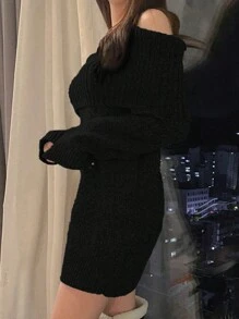DAZY Women Off Shoulder Knit Slip-On Dress,Fall Clothes Women Sweater Dresses - Black - View 6