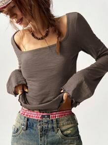 Bohemela Maglia a maniche lunghe da donna slim fit, collo quadrato, con maniche a sbuffo, in maglia tinta unita, adatta per il tempo libero - Caffè Marrone - Visualizzare 1