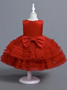 Baby Girl Sleeveless Thickened Satin Patchwork Multi-Layer Tulle Ruffle Tutu Skirt With Bow Decor On Front Waist & Ribbon Tie On Back - Red - View 2