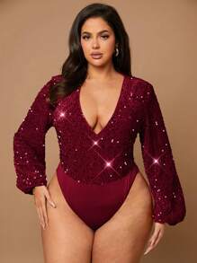 SHEIN BAE Tutina elegante da donna taglia forte con maniche a sbuffo, scollo a V profondo, e paillettes rosse, adatta per l'autunno e l'inverno, incluso Ognissanti - Bordò - Visualizzare 7