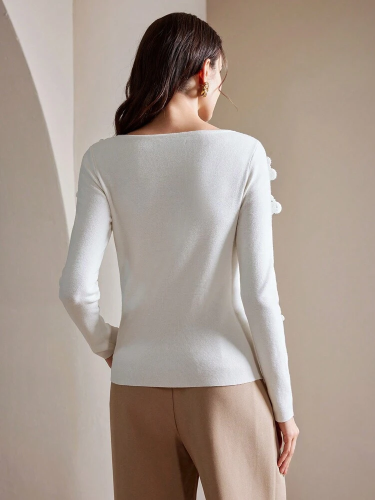 Suéter ajustado de punto con decoración floral 3D de cuello redondo elegante, nuevo suéter de punto para mujer de otoño e invierno
