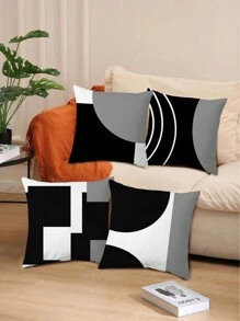 4pcs Black White Geometric Print Polyester Pillow Cover Cushion Cover Room Decoration Bedroom Decoration Sofa Decoration Pillow Core-Not Included,Fall Decor,Autumn Decor,Room Decor - Black and White - View 1