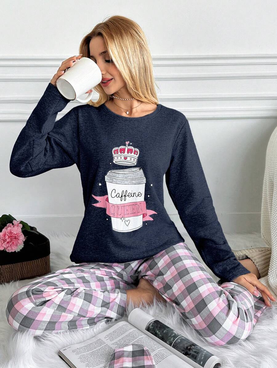 RueChic Cotton Cartoon Printed Long Sleeve Pajama Set - Navy Blue - View 1