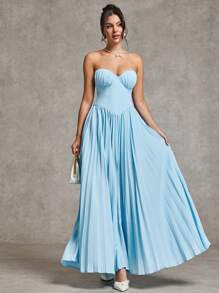 SHEIN BAE فستان سواري أنيق بخصر عالي مطوي مناسب للنساء، لون أزرق سادة، مناسب لحفلات الكوكتيل والمواعيد الرومانسية وارتداء طبقات في الخريف والشتاء وحفلات الزفاف وعيد الهالوين وعيد الميلاد