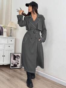 Muchica Black Double Breasted Belted Trench Coat - Grey - View 7
