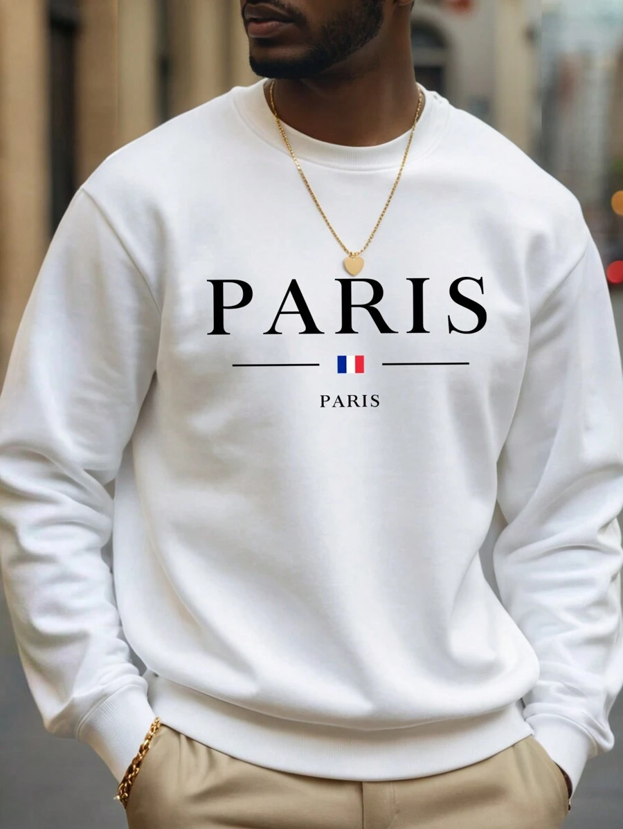 Manfinity Dauomo Áo nỉ dài tay cổ tròn in chữ rộng rãi cho nam, mùa thu/đông - trắng - Xem 1