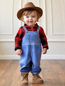 SHEIN Baby Boy 2pcs/Set Casual Daily Raglan Red Plaid Shirt & Denim Effect Suspender Pants Two-Piece Set, Suitable For Autumn/Winter Wear, Indoor And Outdoor