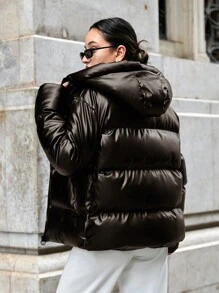 SHEIN Tall Tall Hooded Pu Leather Down Jacket With Zipper, Slanted Pockets And Drawstrings - Brown - View 2