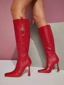 SHUZIA Women's Buckle Belted Square Toe Knee High Heeled Boots New Year Holiday Valentines