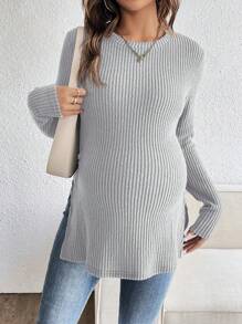 SHEIN Pregnant Women Round Neck Long Sleeve Solid Color Side Slit Hem Casual T-Shirt, Autumn/Winter - Light Grey - View 5