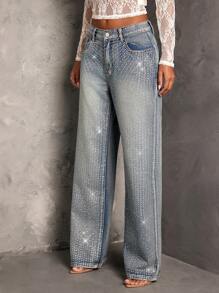 SHEIN BAE 女式水钻装饰直筒蓝色牛仔裤，性感派对裤，新年夜、节日派对裤，圣诞节 - 深色水洗藍 - 查看 4