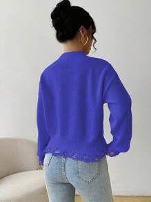 SHEIN Unity Sweater Rajut Kasual Wanita Lengan Panjang Kerah Bulat dengan Detail Motif Huruf untuk Musim Gugur dan Musim Dingin - Royal Blue - View 2