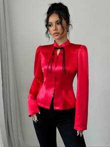 SHEIN Unity Blus Wanita Elegan dengan Kerah Tegak dan Kontras Warna, Potongan Pas Badan, Cocok untuk Pakaian Tahun Baru dan Musim Gugur. - Merah - View 6