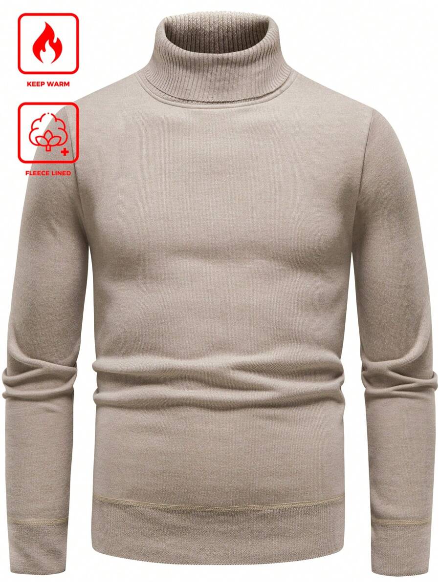Manfinity Mode Męski sweter polarowy z wysokim kołnierzem w jednolitym kolorze, na co dzień, na jesień/zimę, z długim rękawem - Beżowy - Zobacz 1