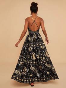Travachic Vestido de espalda abierta con estampado de constelación trenzado, estampado de estrellas y luna, relajante y romántico para vacaciones junto al mar (el bajo es amplio)