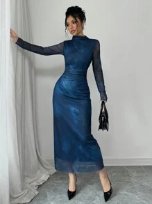 Selianne Đầm Maxi Thiết Kế Mới Thu/Đông Cho Nữ Cổ Đứng Tay Dài Xếp Ly Eo Thon Gọn Vải Lưới Nhuộm Màu Vẽ Tranh In Hình - Màu xanh lam - Xem 2