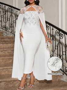 SHEIN Lady Women Glitter Fringe Long Poncho Cape And Fitted Elegant Dress Set For Party Occasion - Apricot - View 1