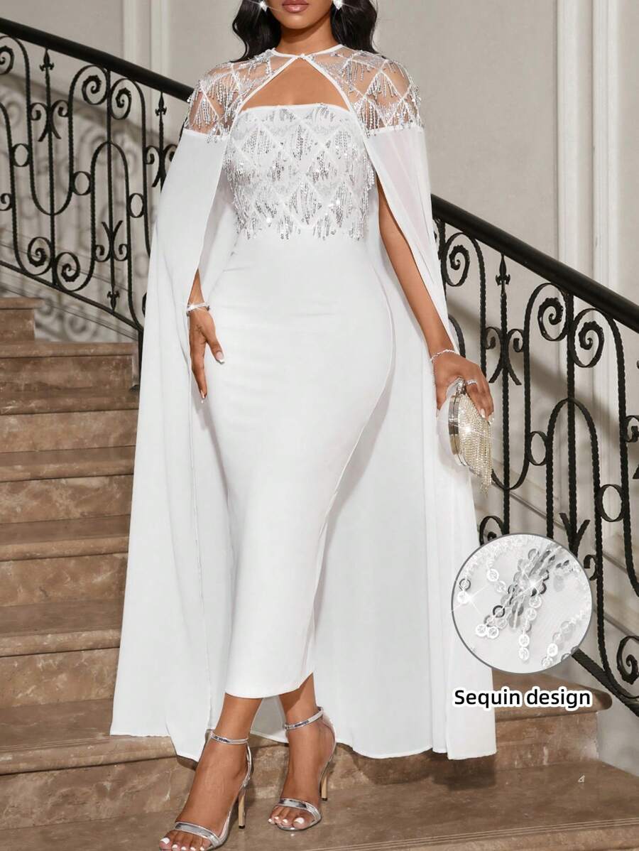 SHEIN Lady Women Glitter Fringe Long Poncho Cape And Fitted Elegant Dress Set For Party Occasion - Apricot - View 1