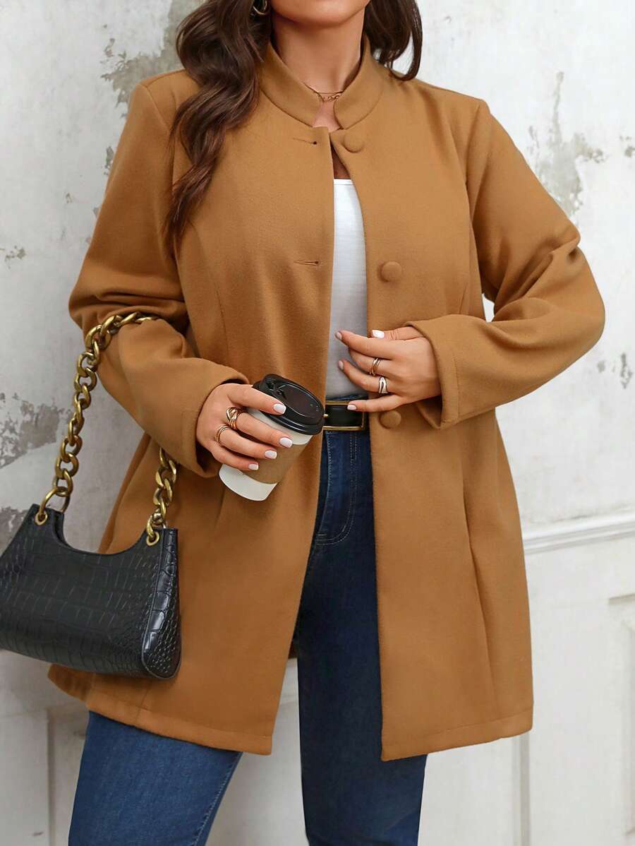 SHEIN LUNE 1 chiếc áo khoác dài tay thường ngày cổ đứng cỡ lớn dành cho nữ phong cách Giáng sinh, thích hợp cho mùa thu/đông - Màu Khaki - Xem 1
