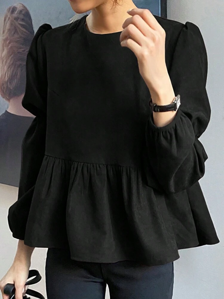 Women's Solid Color Round Neck Long Sleeve Pleated Casual Black Blouse,Ruffle