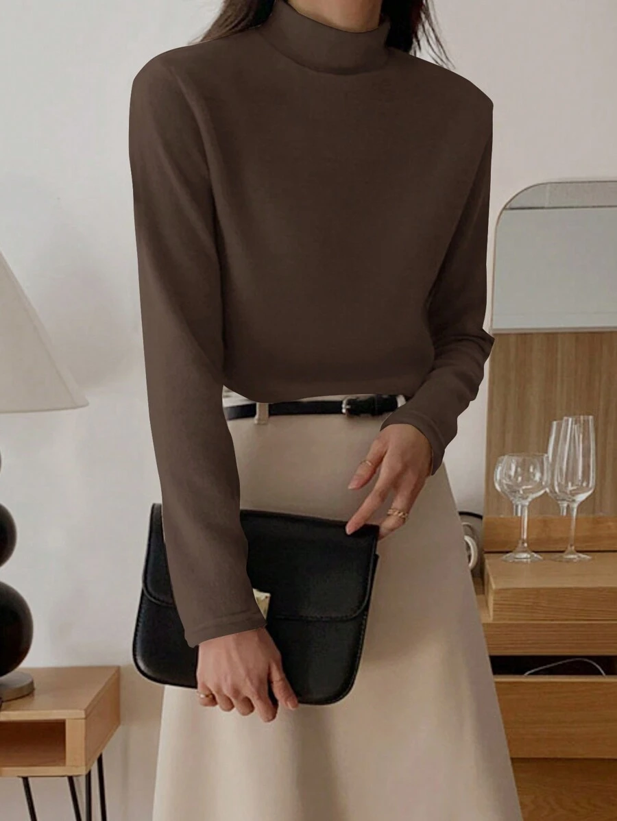 DAZY Women's Solid Color Stand Collar Long Sleeve Loose Casual T-Shirt, Autumn Turtleneck Women School - Mocha Brown - View 1