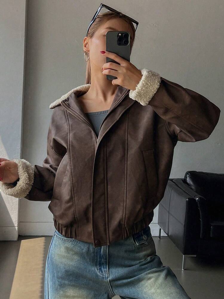 Women's Stand Collar Zipper Up Long Sleeve Casual Daily Fashion Outwear ,Winter Women Clothes,Winter Coat Women Women Jacket,Fall Women Clothes Leather Jacket