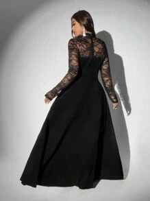 Viva Relle Plus Size Elegant Lace Stand Collar A-Line Long Sleeve Dress Maxi Women Outfit