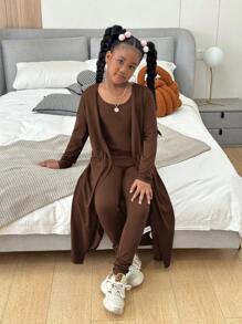 Slaydiva Tween-Mädchen Street Lässig Strick-Set, Unifarben mit langen Ärmeln, Strickjacke, Weste und langer Hose