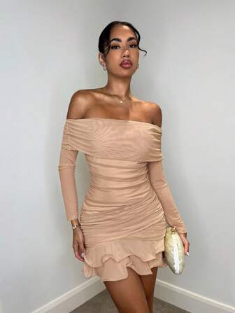 SHEIN BAE Vestido mini elegante y dulce de manga larga, hombros abiertos, con volantes y fruncido en la tela de malla tricotada de color albaricoque sólido, adecuado para tomar el té de la tarde, reuniones, salidas de moda, citas, salidas dulces, noches de fiesta, fiestas de Navidad, Año Nuevo, atuendo de vacaciones, vestido de manga larga, conjunto sexy para mujer, atuendo de club