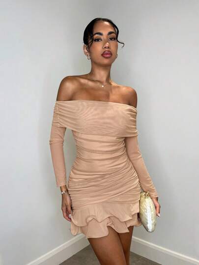 SHEIN BAE Vestido mini elegante y dulce de manga larga, hombros abiertos, con volantes y fruncido en la tela de malla tricotada de color albaricoque sólido, adecuado para tomar el té de la tarde, reuniones, salidas de moda, citas, salidas dulces, noches de fiesta, fiestas de Navidad, Año Nuevo, atuendo de vacaciones, vestido de manga larga, conjunto sexy para mujer, atuendo de club