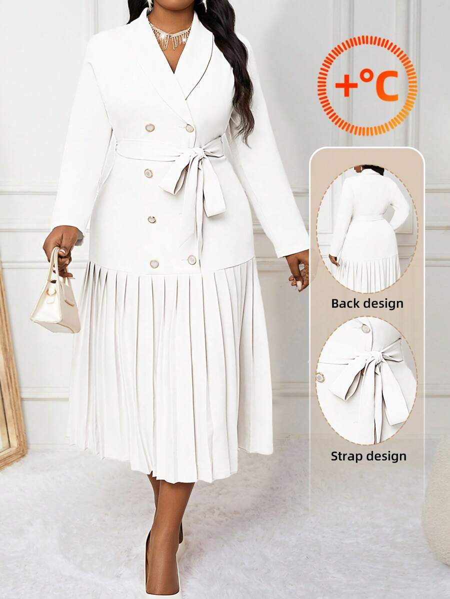 SHEIN Lady Spring And Summer Autumn And Winter Elegant Commuting Wedding Office White Woven Pleated Lapel Belted Shirt Dress MidiButton Front Long Sleeve Plus Size Dresses Gold Dress Formal Dress Professional Clothes Elegant Dress Wedding Beige Women Dresses Holiday Dress Valentine's Day New Years Women Outfit - White - View 1