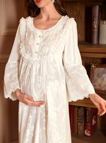 PalaceNights 孕妇宽松蕾丝拼接半开襟刺绣睡裙娃娃衫长袖奢华家居服，舒适优雅细节，秋冬款 - 白色 - 查看 6