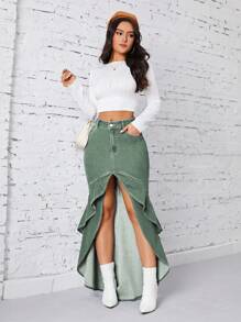 SHEIN Privé 女士口袋拼布荷叶边下摆时尚牛仔半身裙