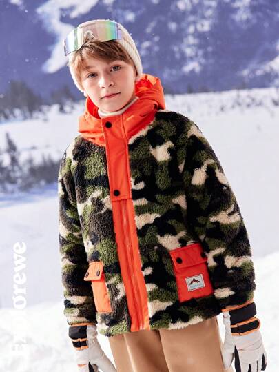 SHEIN Tween Boys Plain Color Block Front Button Pocket Hooded Jacket