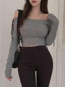 DAZY 女士露肩系袖修身短款长袖 T 恤，灰色，春夏 - 灰色 - 查看 4