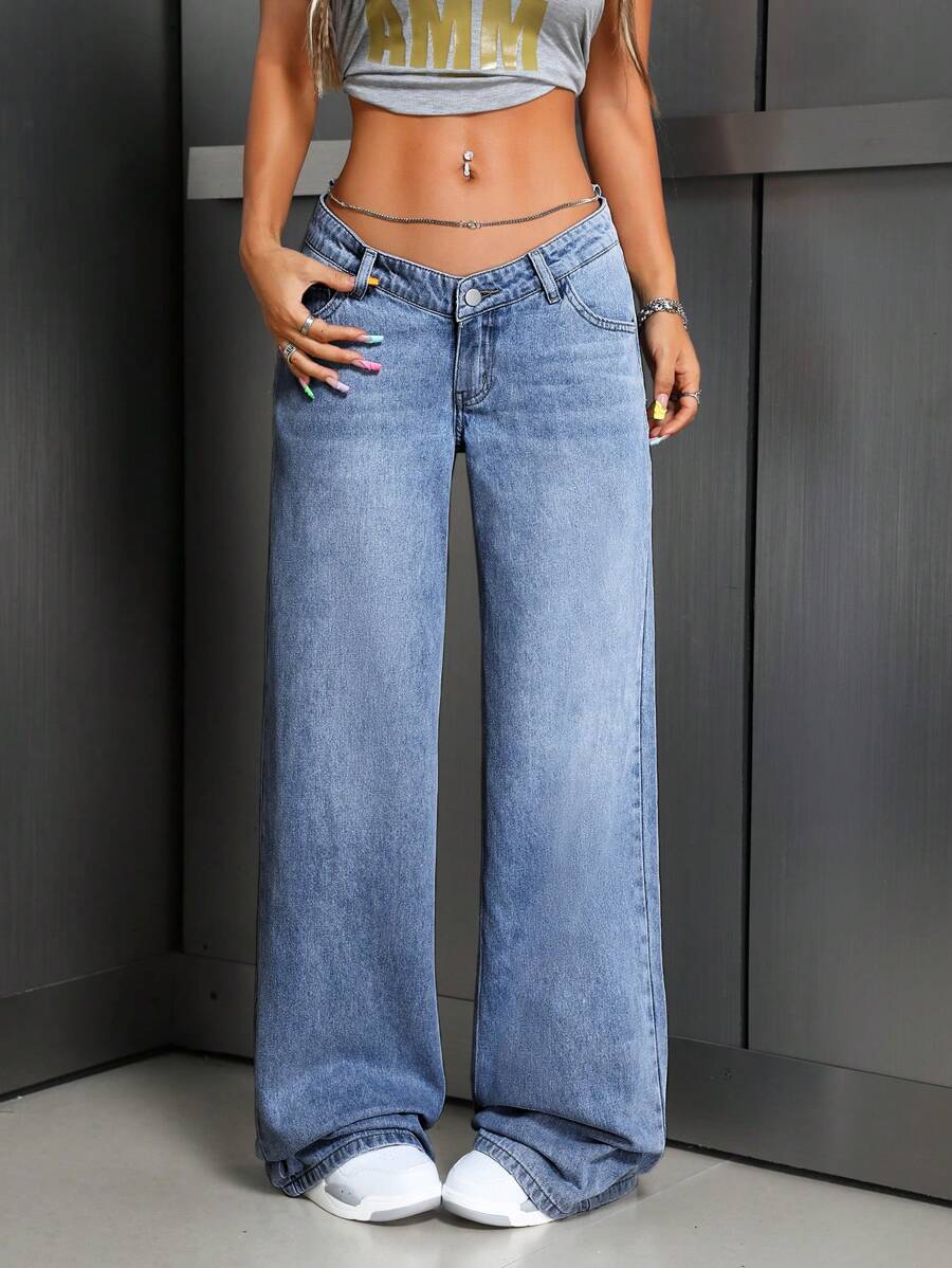 SHEIN ICON 女士前扣口袋简约牛仔裤，休闲日常穿着 - 中等水洗藍 - 查看 1