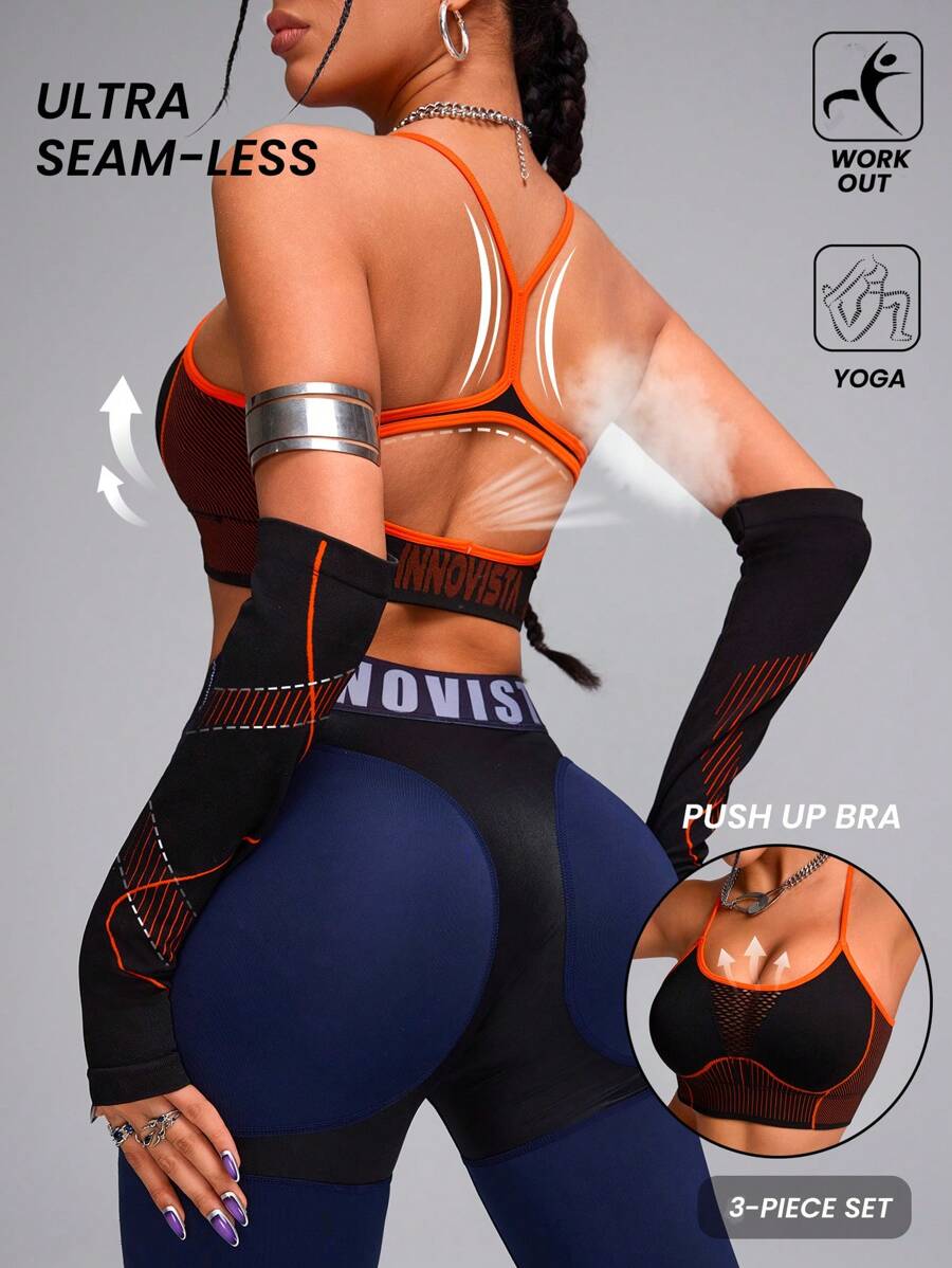 Innovista Seamless With Breathable Netted Structure High Elastic Sport Woman Bra Top Sleeve Included, With Sleeve Cover Bra 2pcs, Push Up Bra, Workout Tank Tops, High Elastic,Running Work Out, Yoga, Party, Going Out Tops, Festival, Colorblock,Ski
