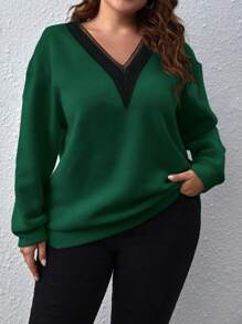 SHEIN LUNE Sudadera con capucha de corte holgado con bloque de color y cuello en V talla grande, nuevo outfit para otoño / invierno, vestido de fiesta verde para Navidad y Año Nuevo, atuendo de mujer para cumpleaños, ropa de mujer para otoño